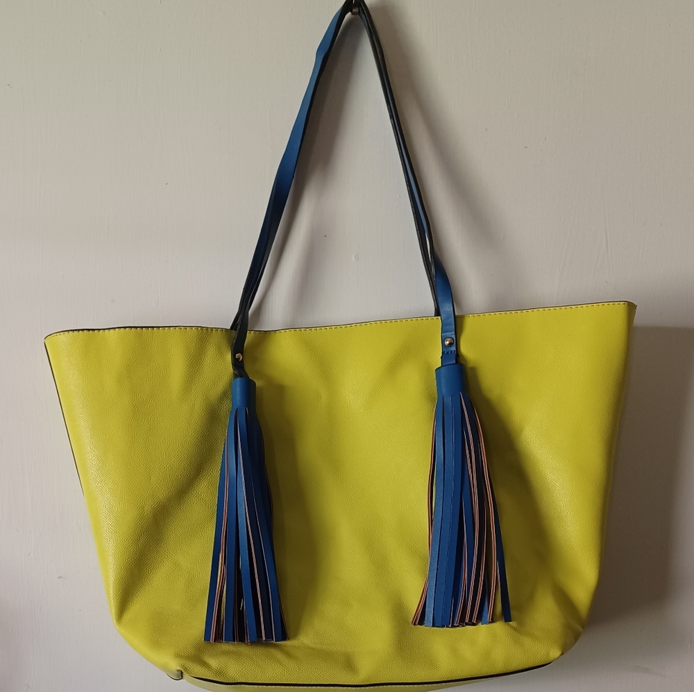 Neiman Marcus yellow and royal blue faux leather tote bag